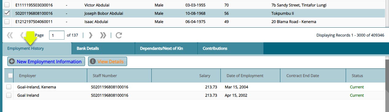 Employment history tab