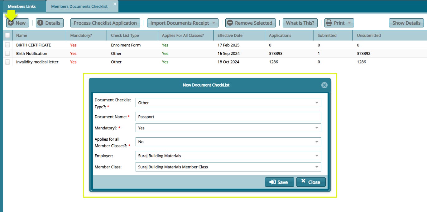 Member Document Checklist window