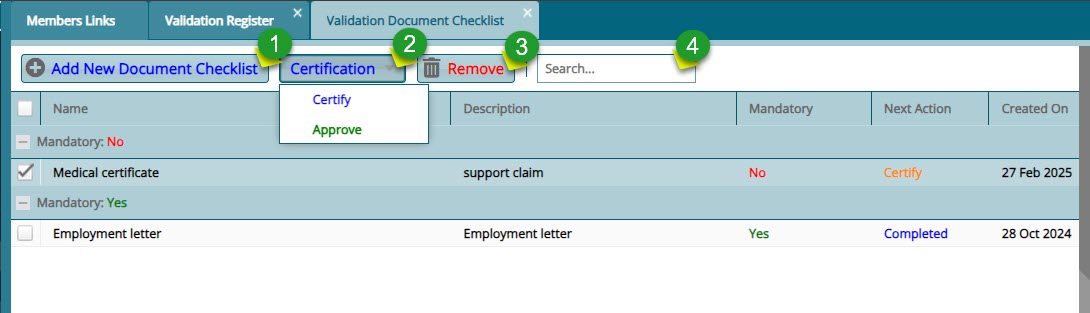 Validation document checklist window