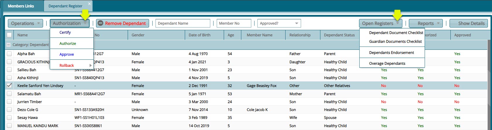 Dependant Register window