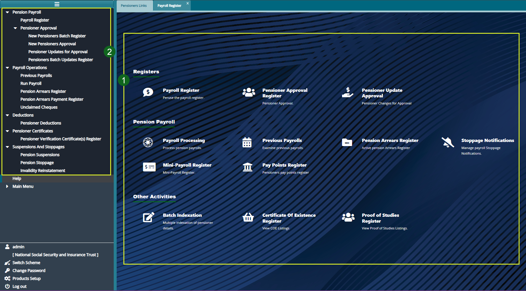 Pensioners Module home page