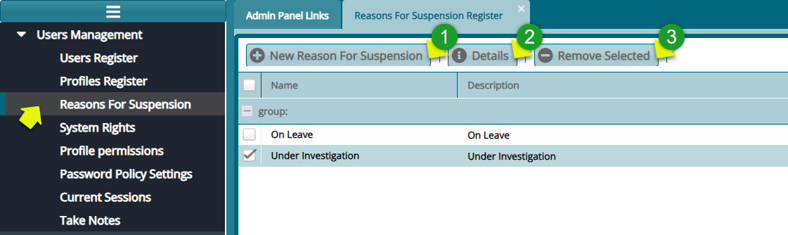 Reason for Suspension Register