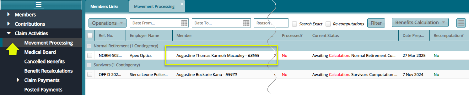 Movements processing window