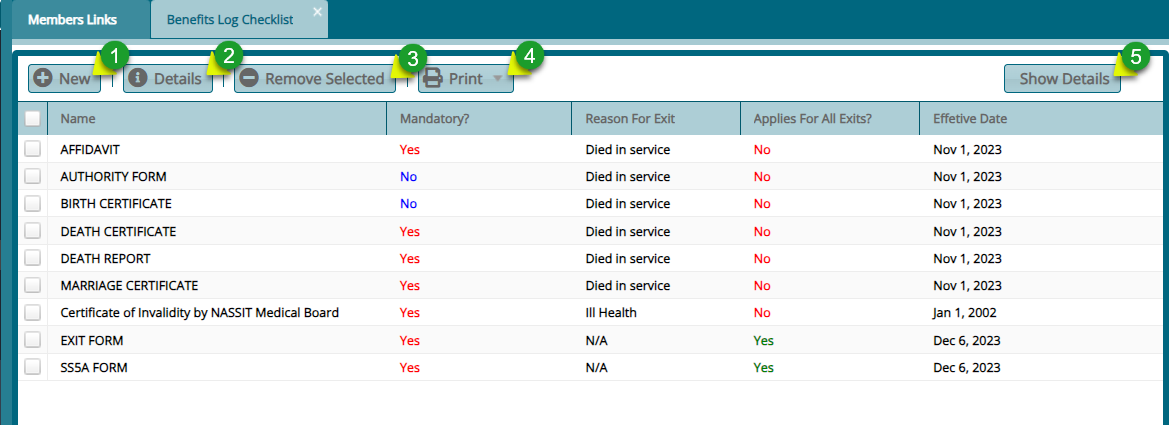 Benefits Log Checklist window