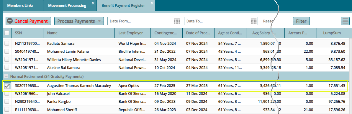 Benefits payments Register