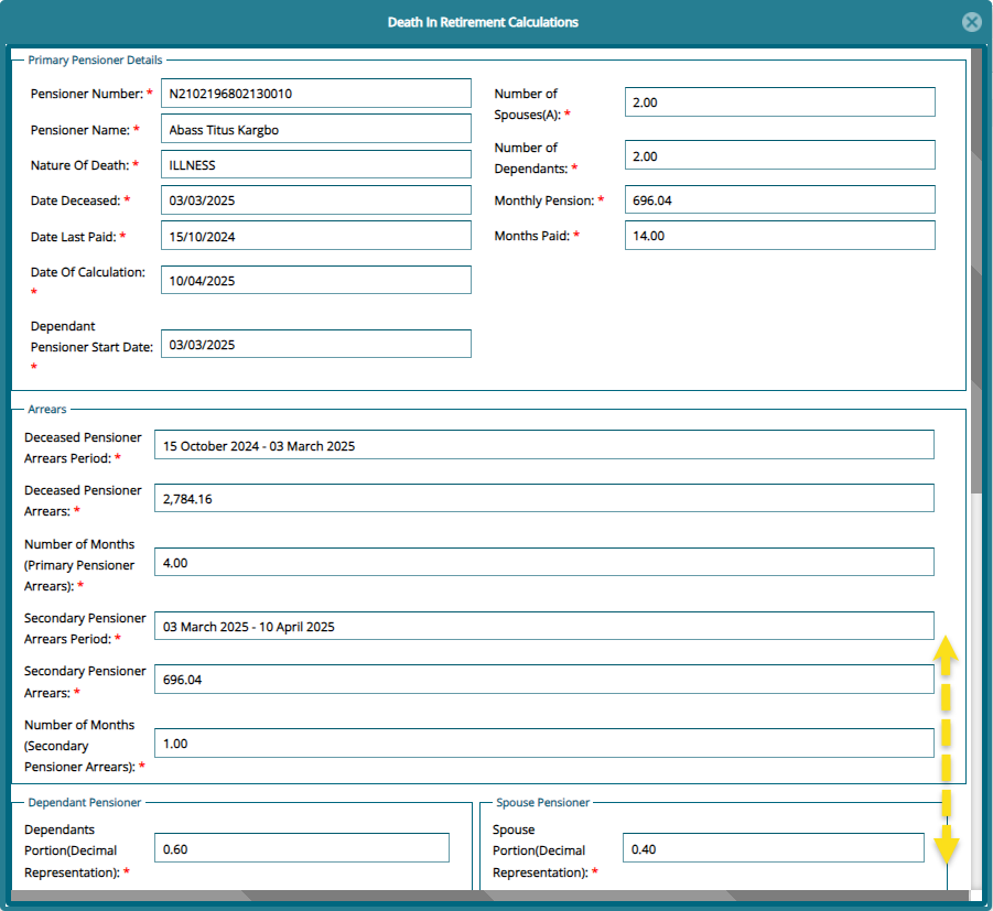 enefits calculation dialog box