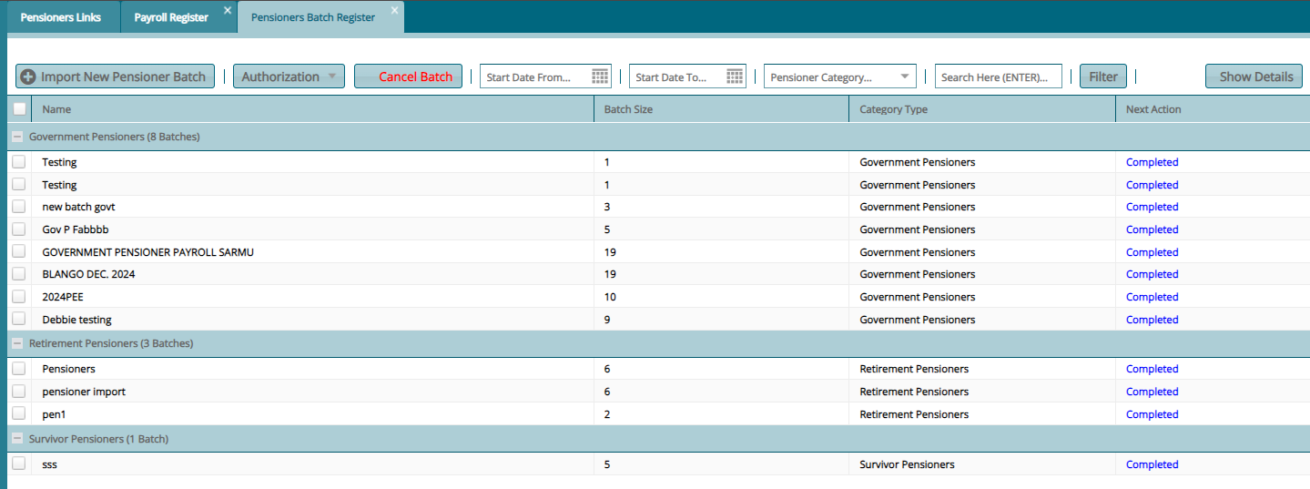 New Pensioners Batch Approval Register