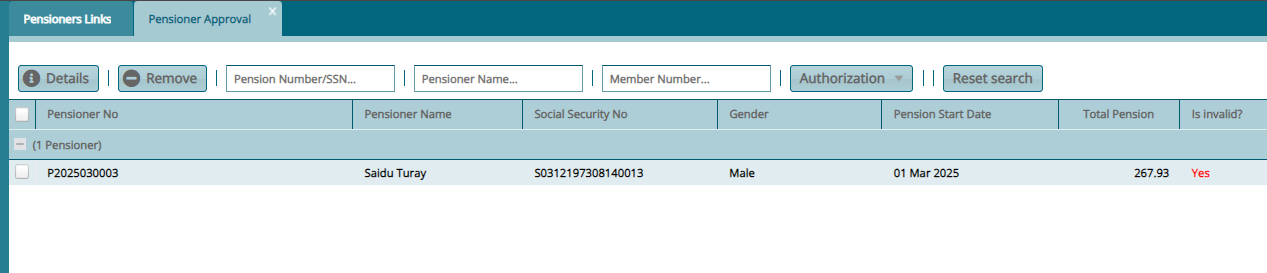 New Pensioners Approval Register