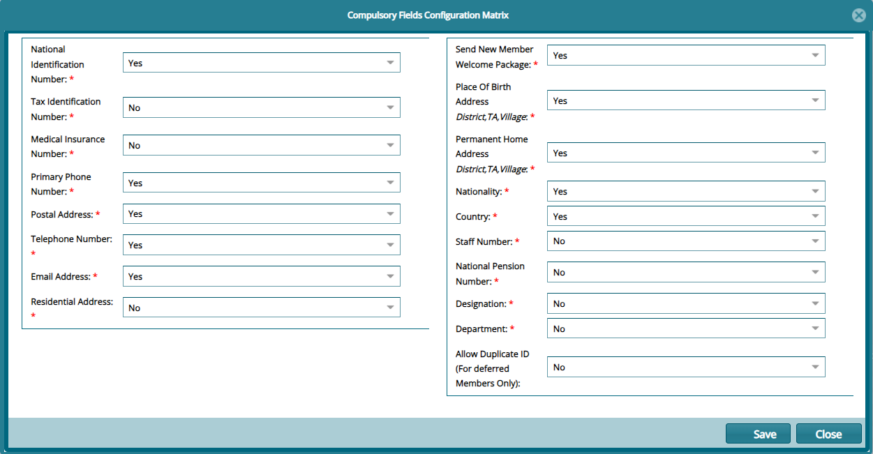Member Compulsory Fields Configuration Matrix