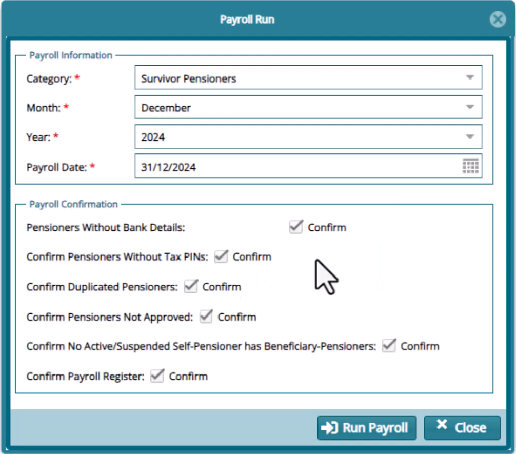 Run Payroll checklist window