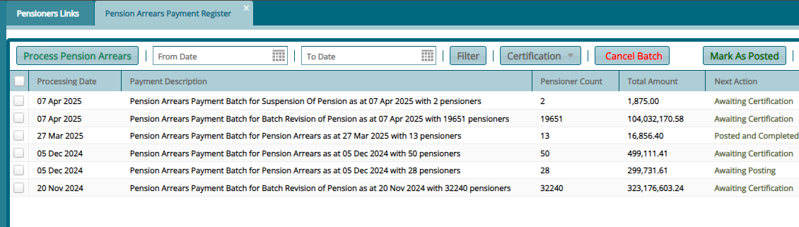 Add Pensioner Arrears button