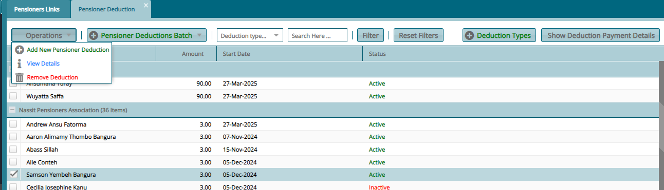 Pensioners Deduction window