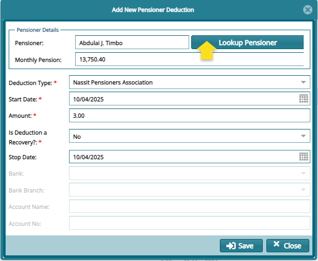 dialog window for capturing the details of a new deduction