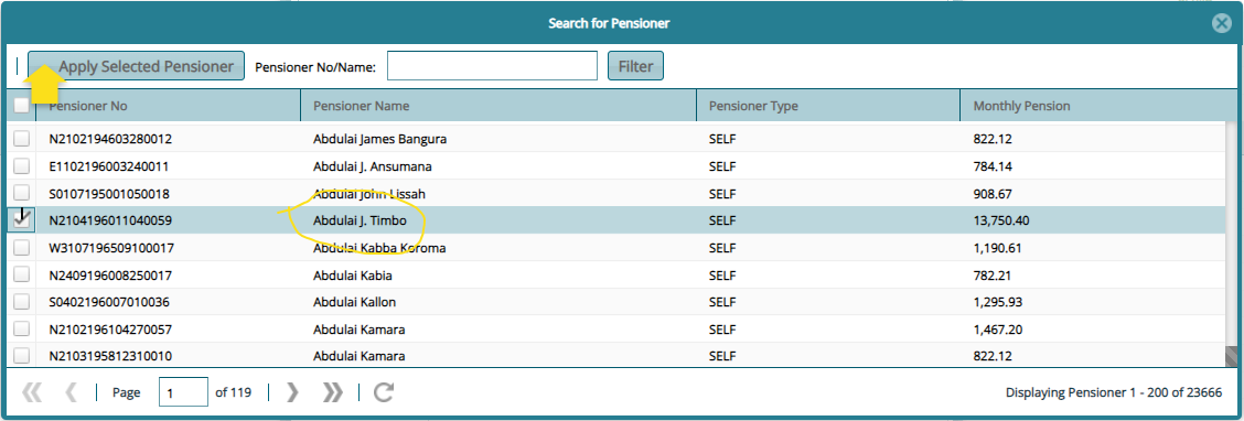 Pensioner lookup window