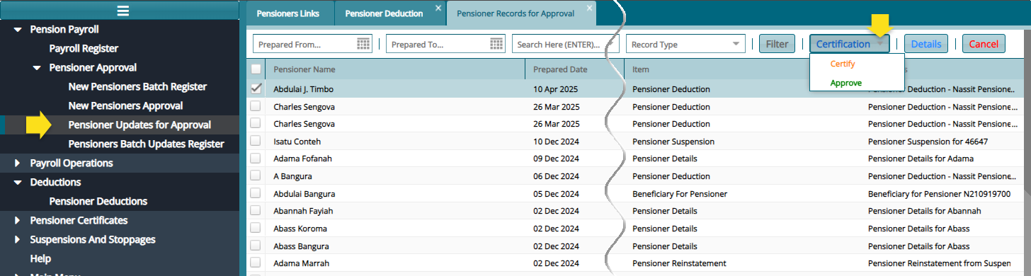 Pcertification menu button