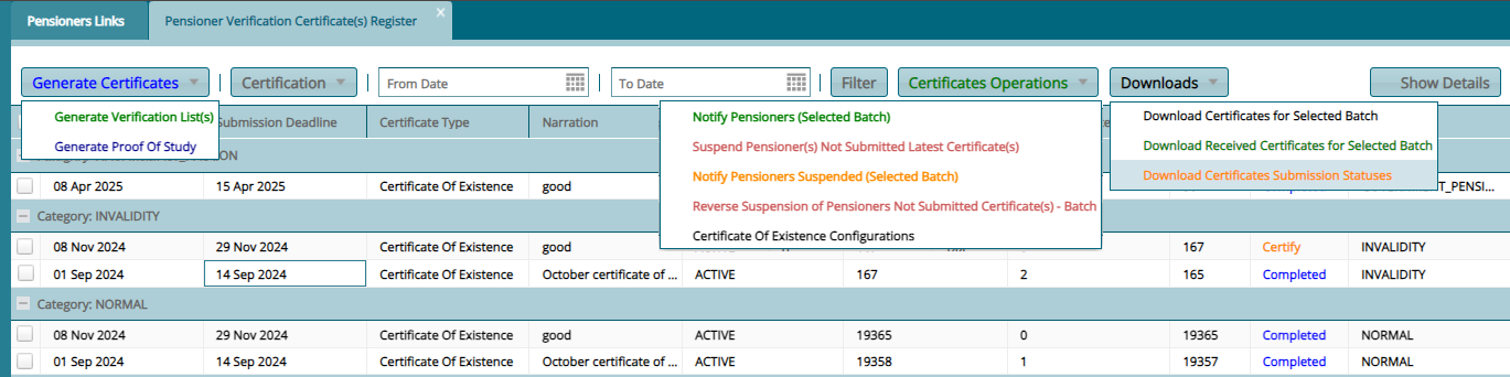 Certificates of Existence Register