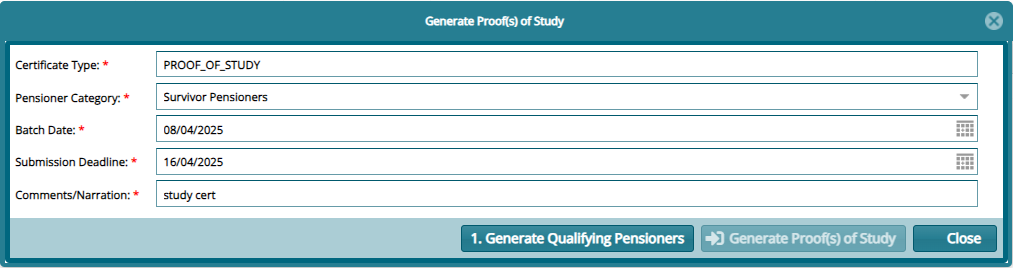 Generate Proof of Study dialog box