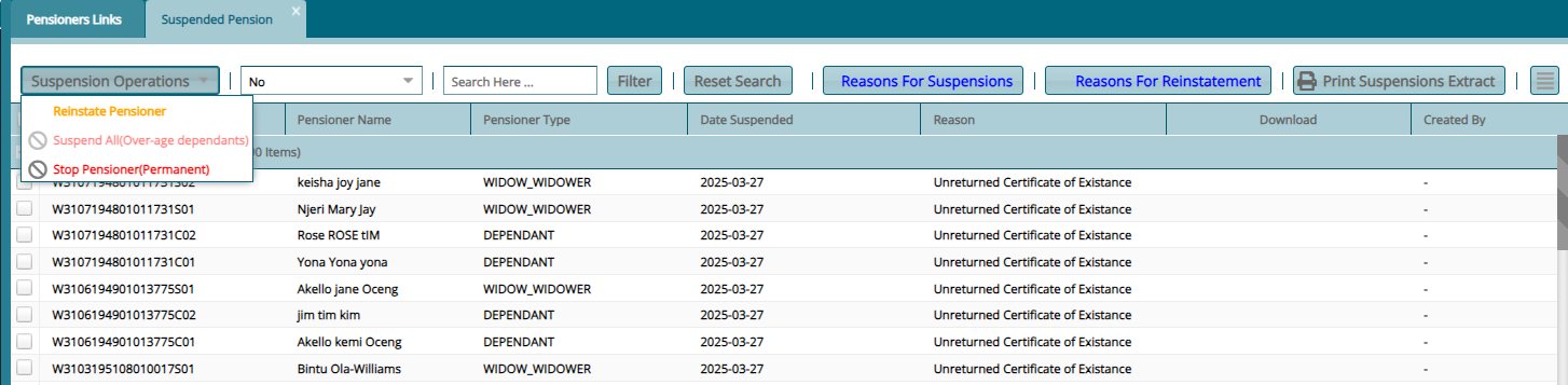 Suspended Pensioners register