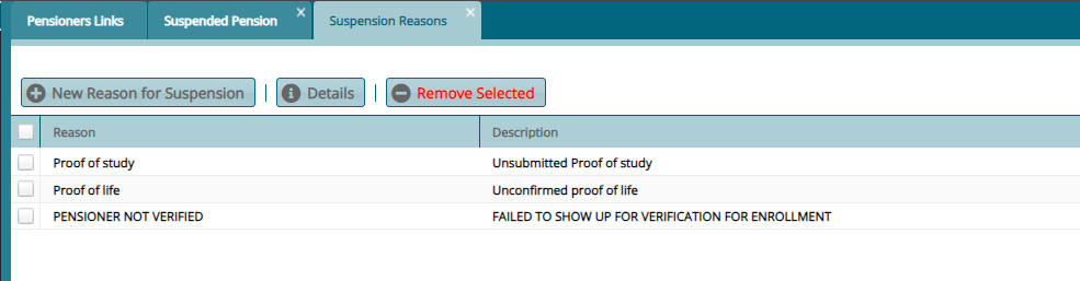 Reasons for Suspension window