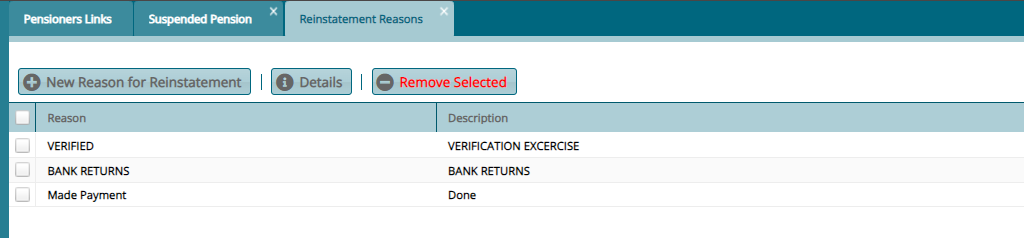 Reasons for Reinstatement window