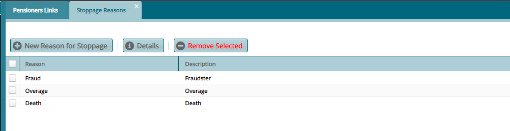 Reasons for Stoppage window