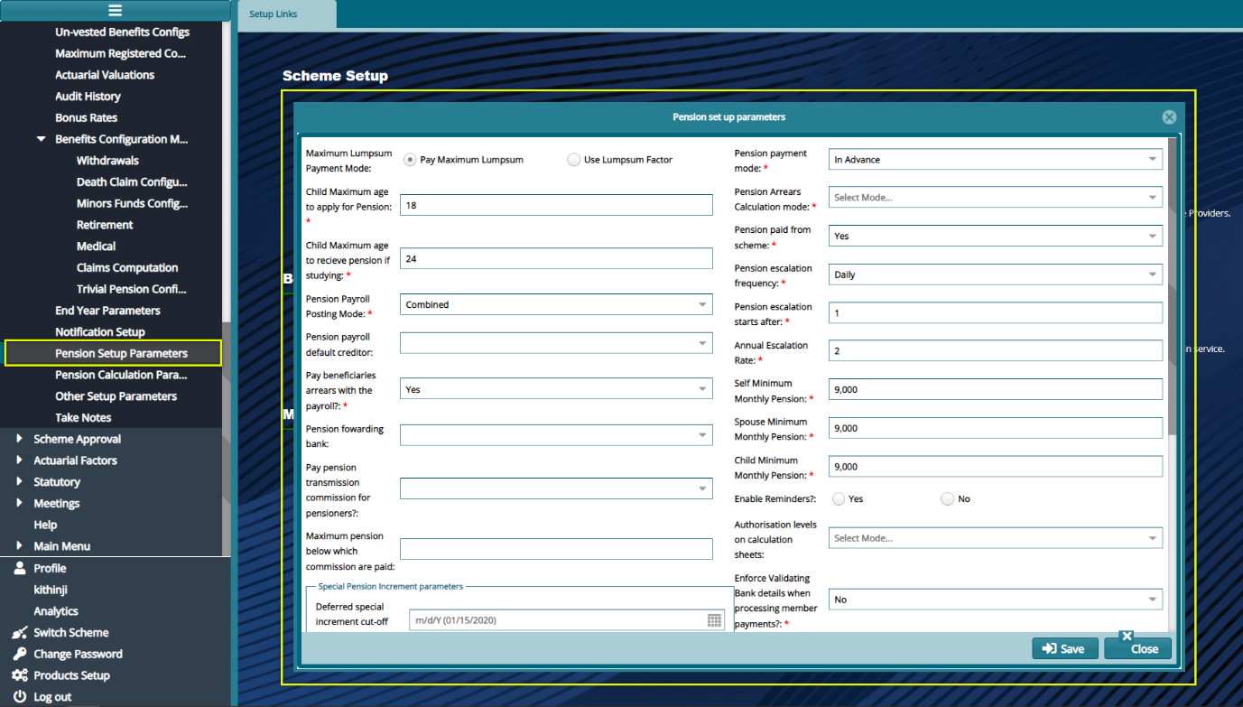 Pension Setup Parameters