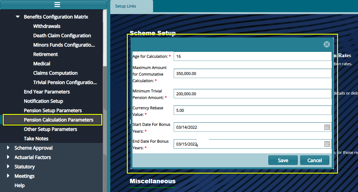 Pension Calculation Parameters